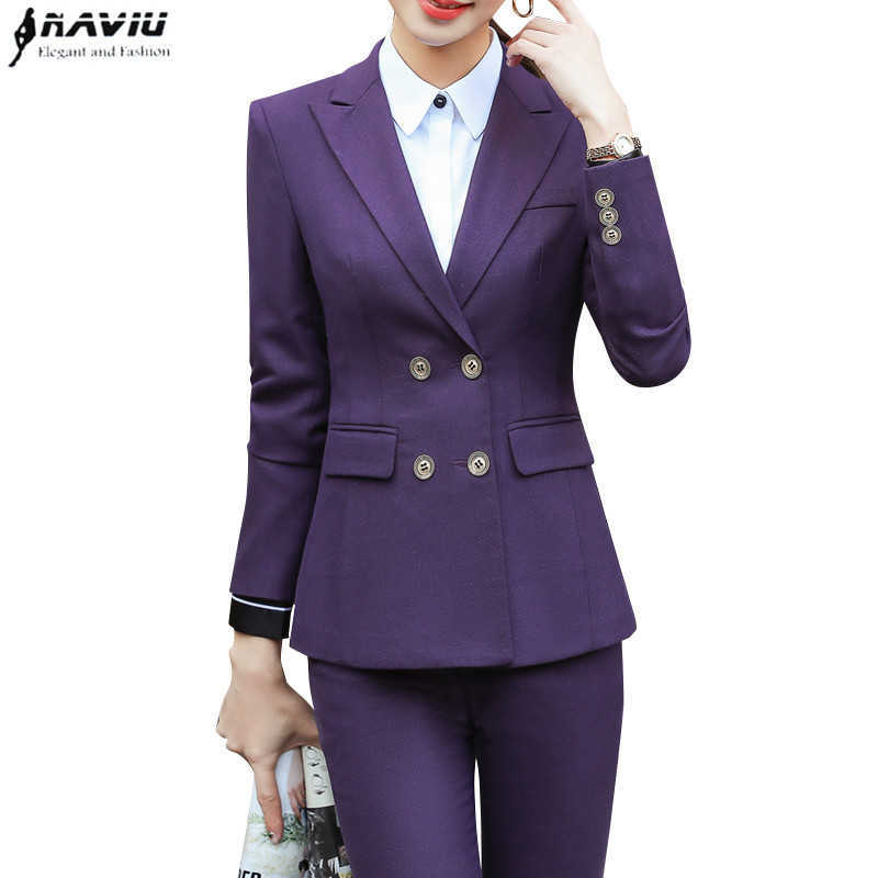 

Fashion Slim Pants Suit High Quality Temperament Long Sleeve Blazer and Trousers Two Pieces Set 210604, Purple coat skirt