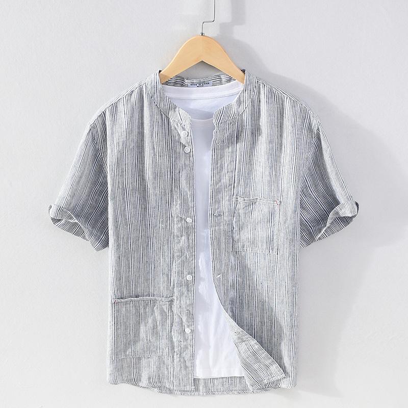 

Style Pure Linen Italy Comfortable Brand Shirts Men Tops Casual Breathable Flax Shirt For Clothing Chemise Camisa Men's, Blue stripe