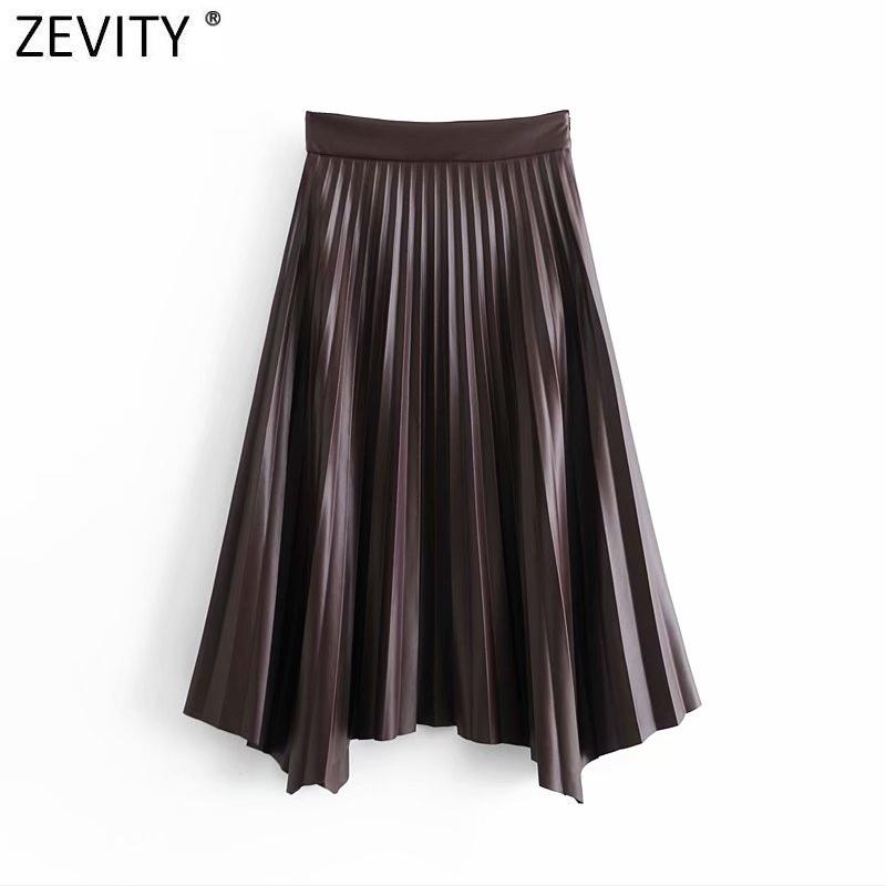 

Skirts Zevity Women Vintage High Waist Side Zipper Pleated Midi Skirt Faldas Mujer Office Ladies Faux Leather Chic Vestido QUN747, Wf qun747b