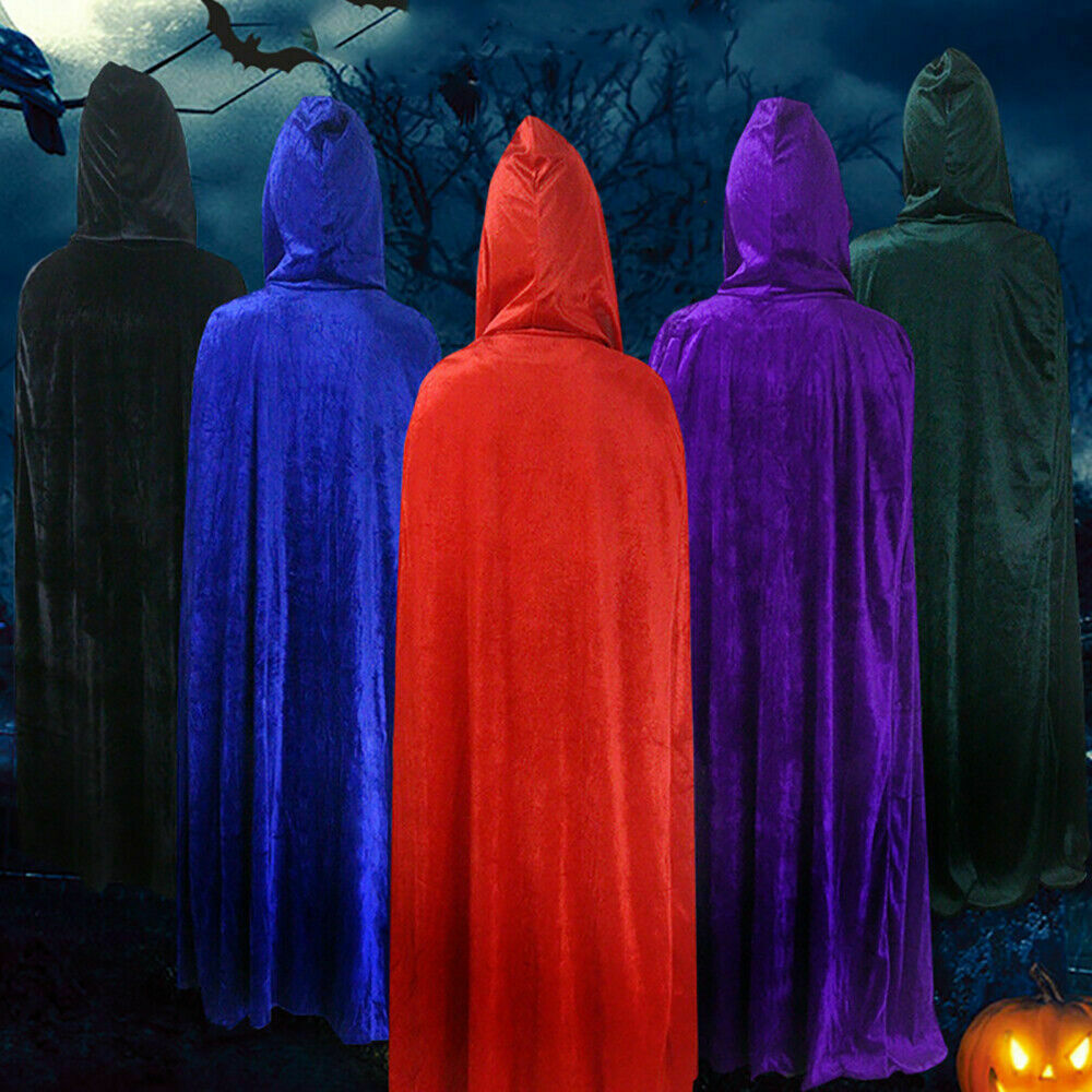 

Adult Halloween Velvet Cloak Cape Hooded Medieval Costume Witch Wicca Vampire UK, Black