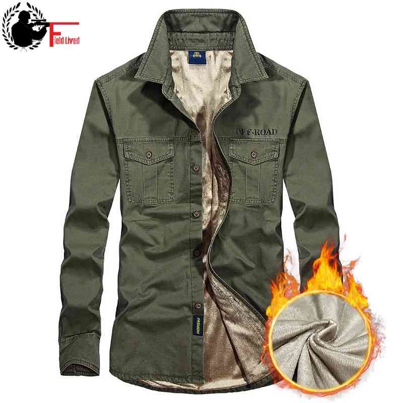

Fleece Shirts Men Winter Thicken Warm Army Green Long Sleeve Shirt Man Casual Military Clothing 100% Cotton Male Shirts Top 210518