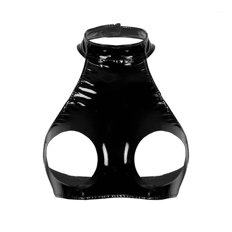 

Sexy Women Wet Look Leather Cupless Cage Bra Top Sleeveless Halter Neck Backless Open Bust Crop Tank Tops Fetish Lingerie Bras Sets, Black