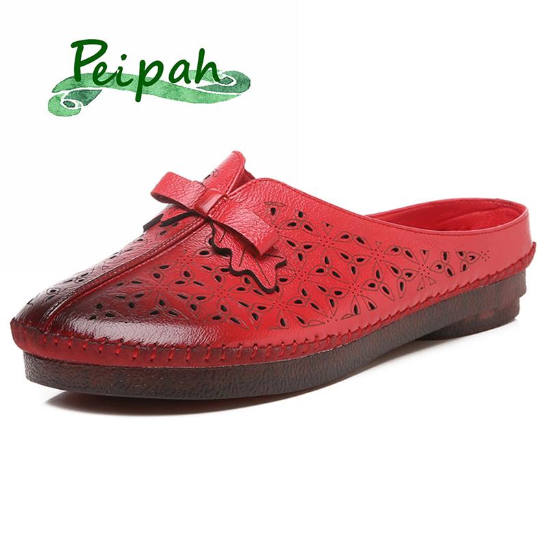 

Slippers PEIPAH Handmade 2021 Summer National Style Genuine Leather Ladies Hollow Breathable Butterfly-knot Women's Shoes, Black