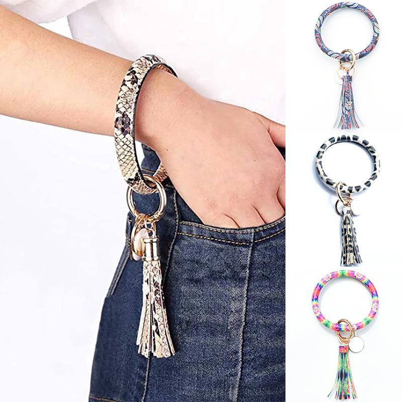

Keychains Tassel Bracelet Keychain For Women Creative Ethnic Pu Leather Round Ring Key Chain Leopard Wristlet Keyring Bangle