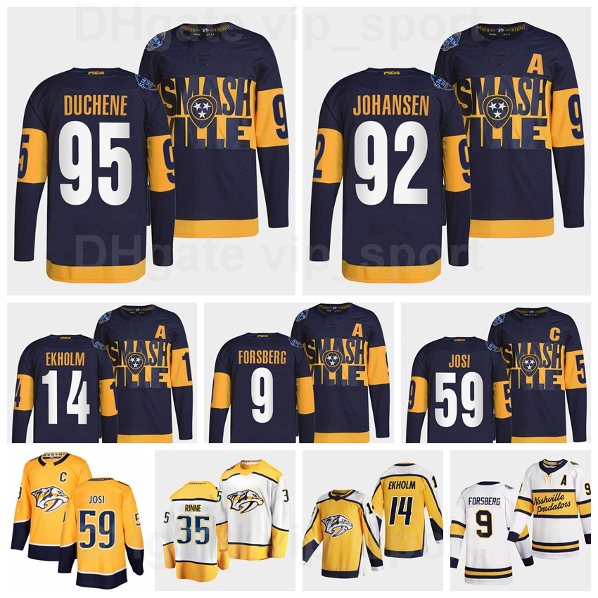 

Nashville Predators Hockey 9 Filip Forsberg Jersey 2022 Stadium Series 59 Roman Josi 95 Matt Duchene 35 Pekka Rinne 92 Ryan Johansen 14 Mattias Ekholm Navy Blue White, Yellow