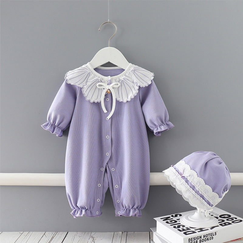 

Rompers Wholesale Spring Baby Girl Romper Shell Collar Purple Long Sleeve One Piece Jumpsuit +Cap born Clothes Pajama E9122 1SK3