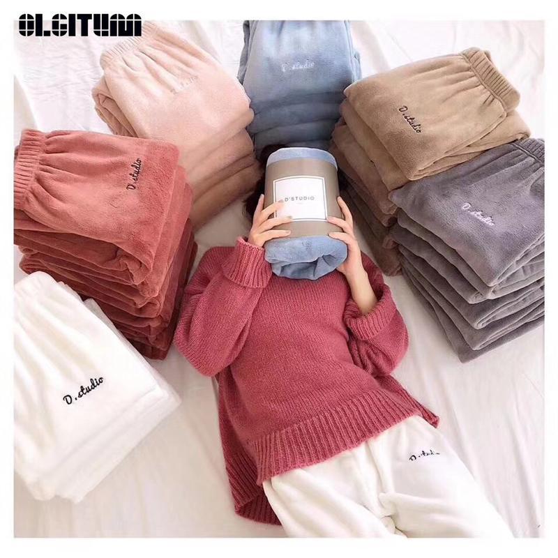

Women's Pants & Capris OLGITUM 2021 Autumn And Winter Coral Fleece Plus Velvet Thickening Large Elastic Waist Casual Women, Black;white