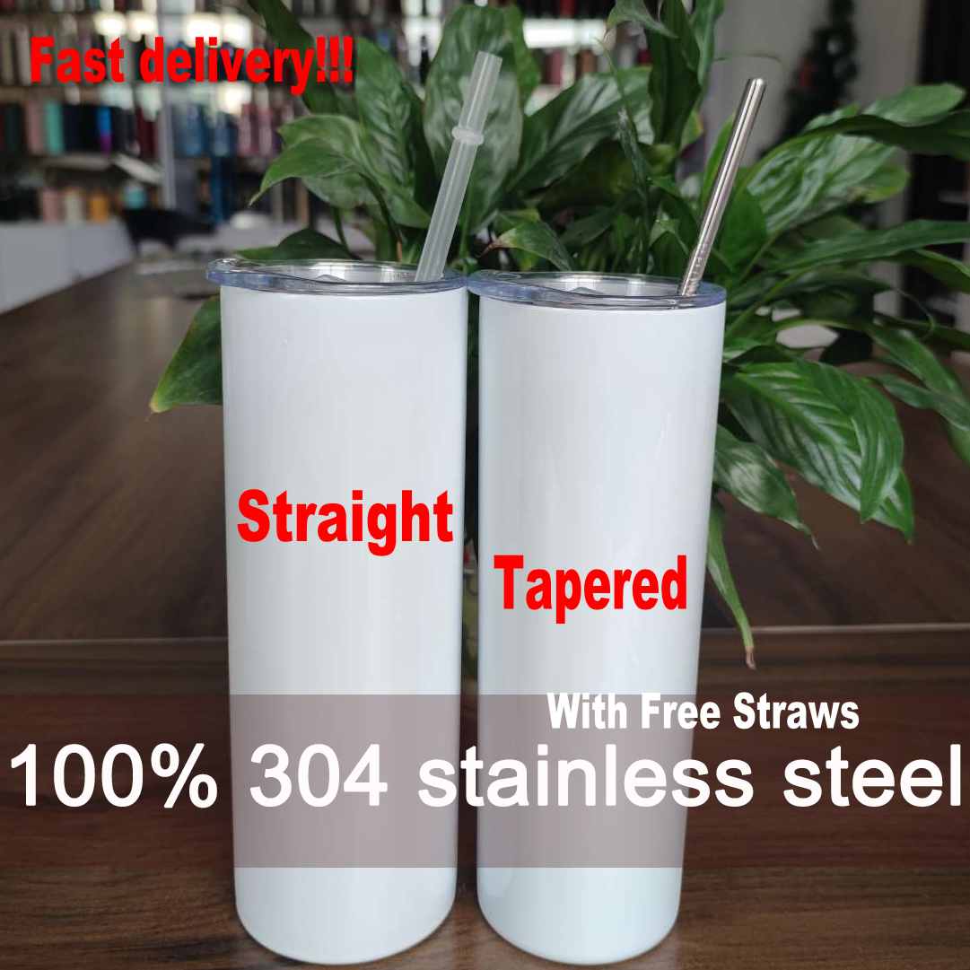 

20oz straight and tapered mugs sublimation tumbler 20 oz 304 stainless steel blank tall cylinder vacuum insulated sippy cups with free straws, White