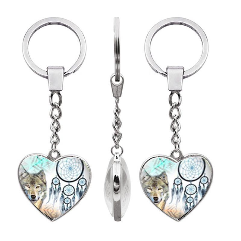 

Keychains WG 1pc Dreamcatcher Wolf Double Sided Lover Heart Cabochon Keychain Pendant Metal Keyring For Women Car Bag Accessories