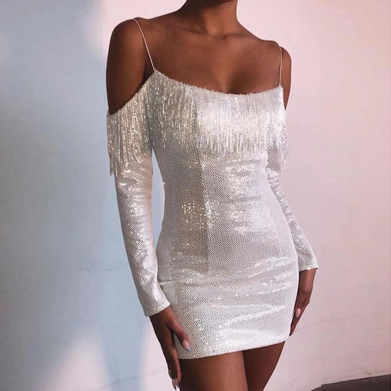 

Ladies Formal Evening Party Sexy Sequin Tassels Club Short Dresses Vestidos Autumn Women Sequins Off Shoulder Bodycon Dress Casual, As pic