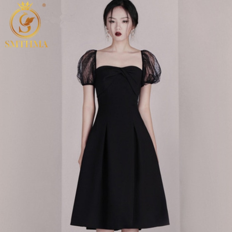

Fashion Elegant Square Collar Sexy Work Black Dresses Women Office Ladies Slim Lace Puff Sleeve Dress Vestidos 210520, Photo color