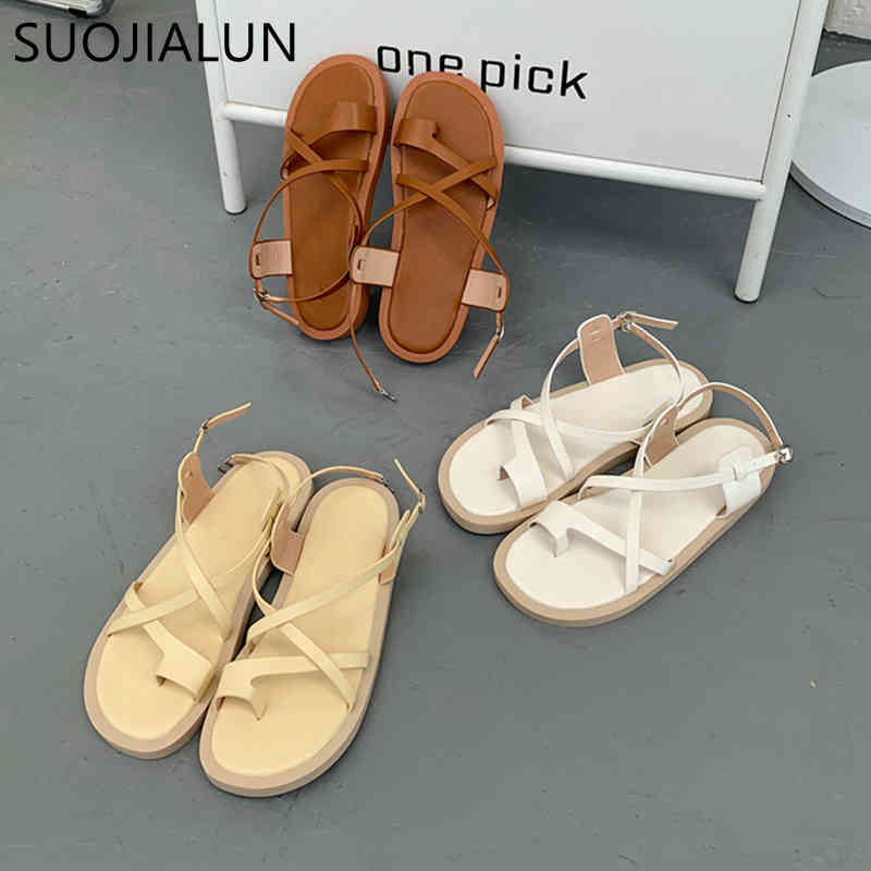 

SUOJIALUN 2021 Summer Women Slipper Fashion Narrow Band Ankle Strap Gladiator Sandal Flat Heel Casual Outdoor Beach Slides Mujer K78, Brown