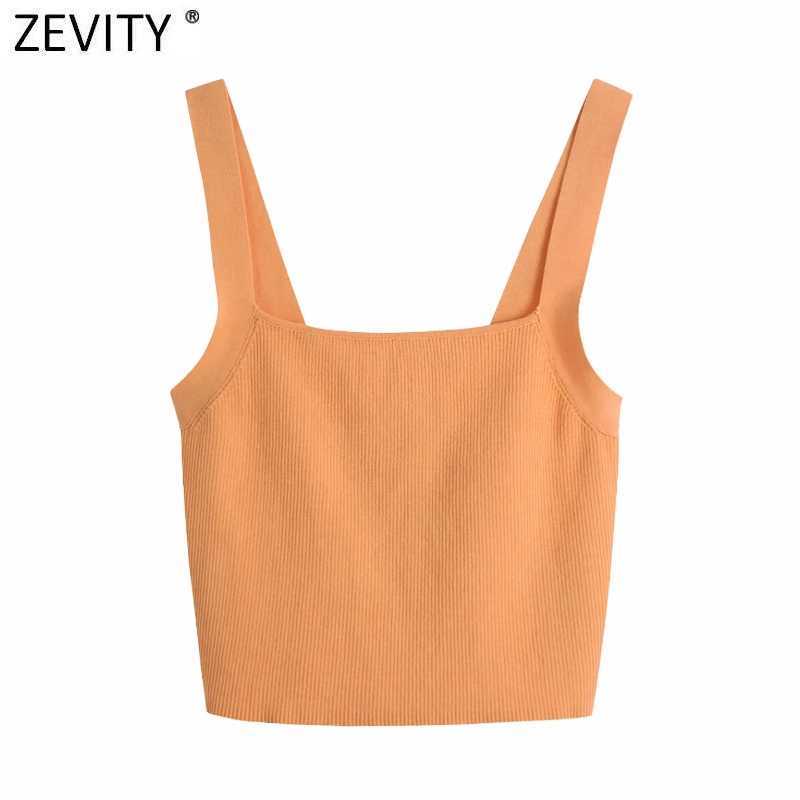 

Zevity Women Spaghetti Strap Orange Color Chic Camis Tank Lady Summer Back Lower Knitting Short Sling Vest Crop Tops LS9177 210616, As pic ls9177bb