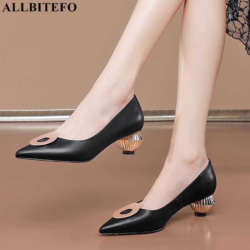 

ALLBITEFO golden heel design soft genuine leather women high heels fashion sexy club party wedding shoes women heels shoes 210611, As picture