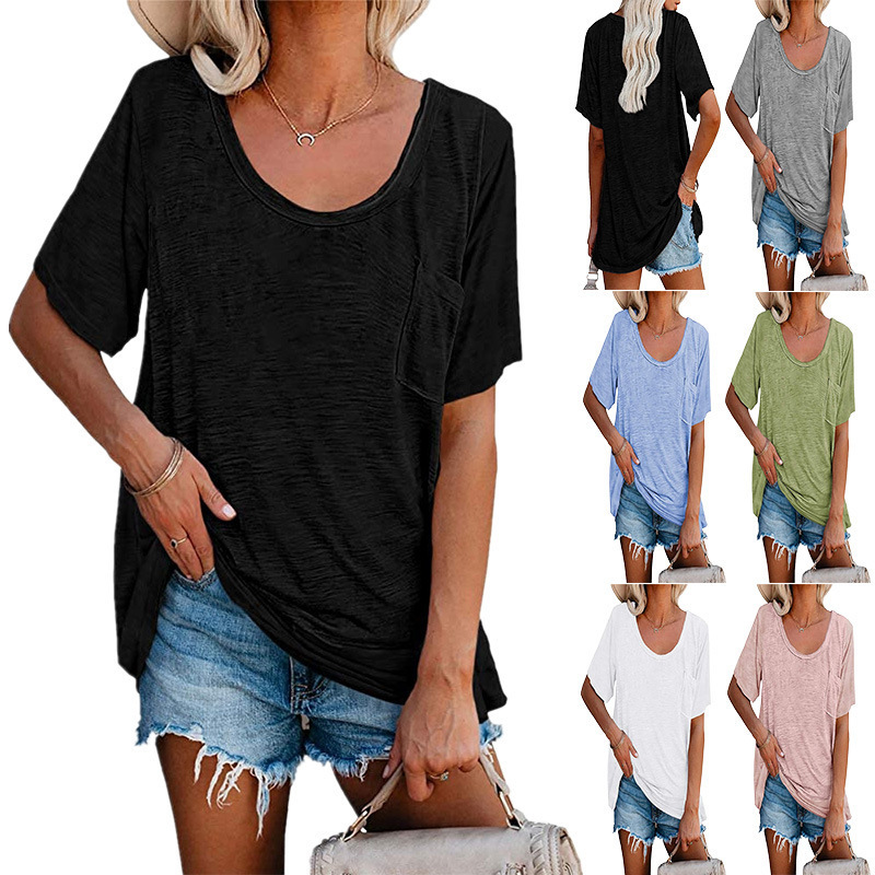 

LXY8003 Summer Women Apparel Short Sleeve Tops Round Collar Pullovers Ladies Streetwear Casual Loose Tees T-shirts With Pocket