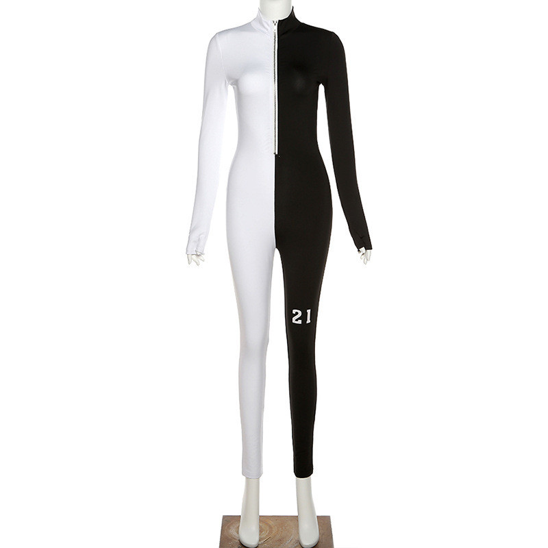 

patchwork sporty rompers women jumpsuit long sleeve zipper letter print skinny outfits casual athleisure 2021 jumpsuits, Black;white