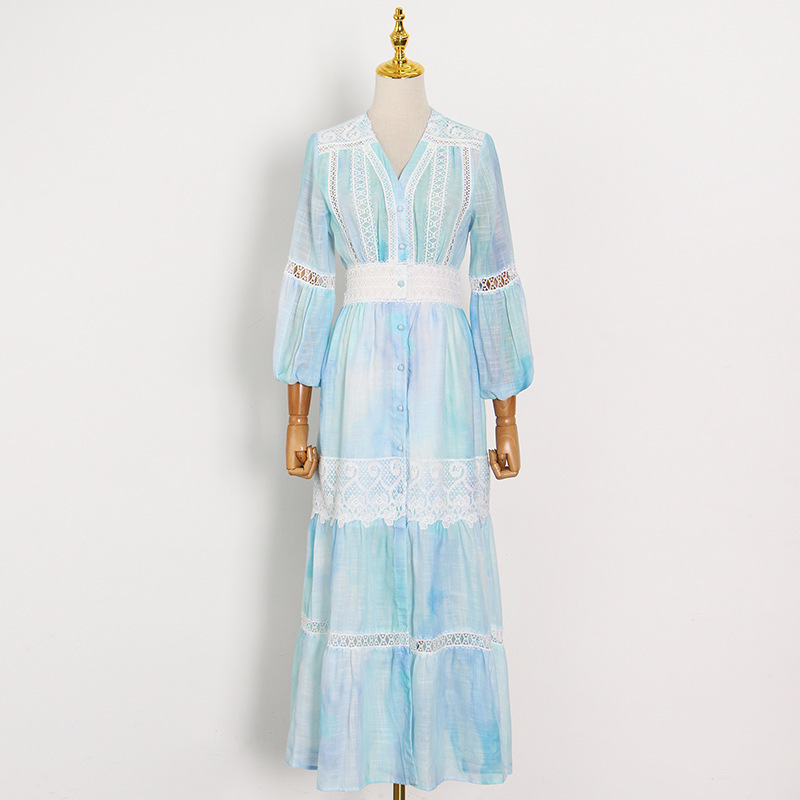 

HIGH STREET Fashion V-Neck Bohemian Holiday Style Summer Dresses Printed Lace Hollow Out Casual Dress 210521, Pink