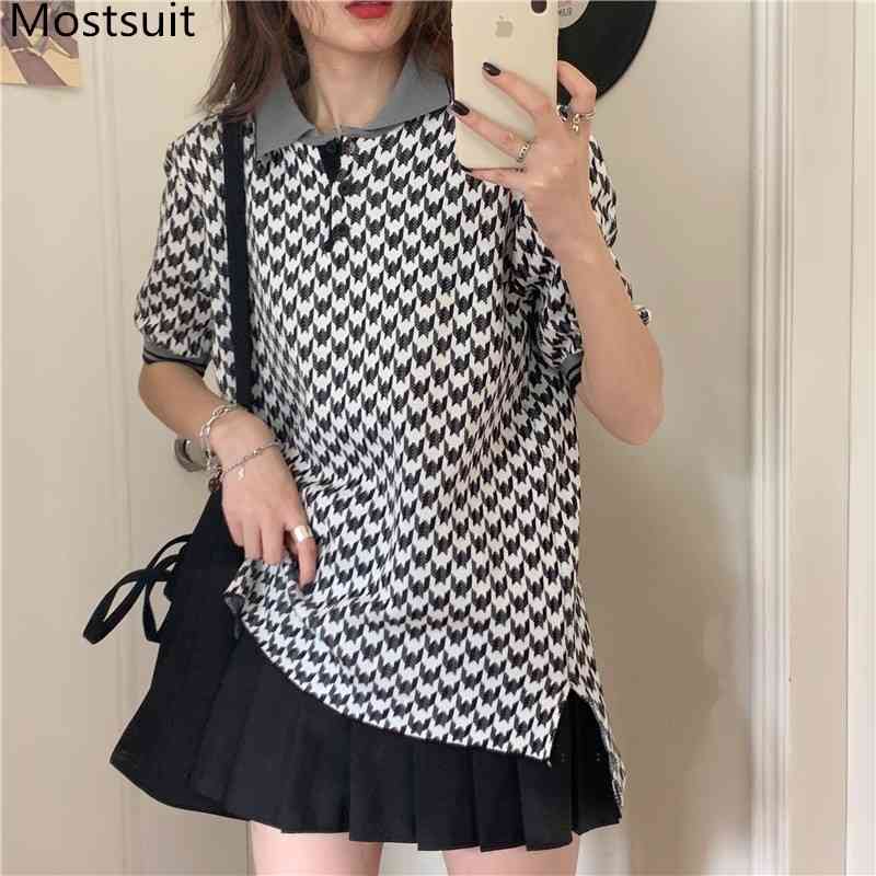 

Autumn Houndstooth Korean Knitted T Shirts Tops Women Short Sleeve Turn-down Collar Casual Fashion Pullovers Tees T-shirts 210518, Black