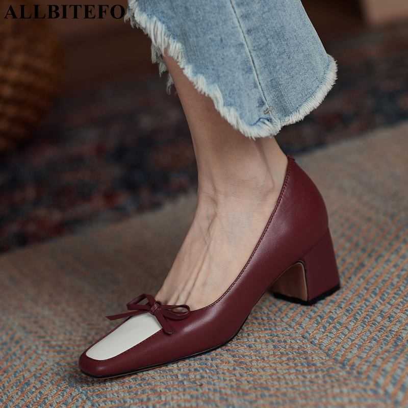 

ALLBITEFO size 33-43 mixed color bow design genuine leather women heels shoes women high heel shoes high heels alons hauts femme 210611, As picture