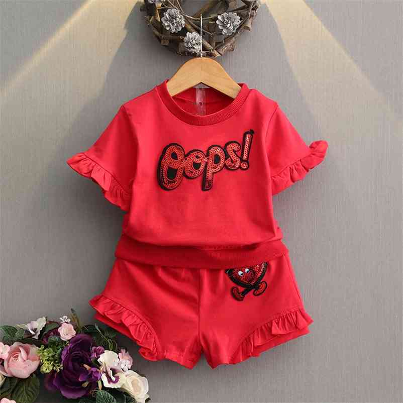 

Girls Set Letter Pattern Clothes Curl SleeveT-shirt+Short Cartoon Pants Sequin Print 2Pcs Children Clothing 210429, An0100 white