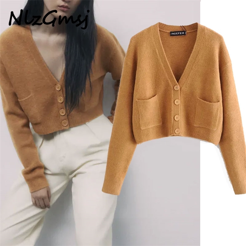 

Sweater Women ZA Knitted V-Neck Solid Cardigan Single Breasted Outwear Vintage Long Sleeve Casual Streetwear 210628, As picture