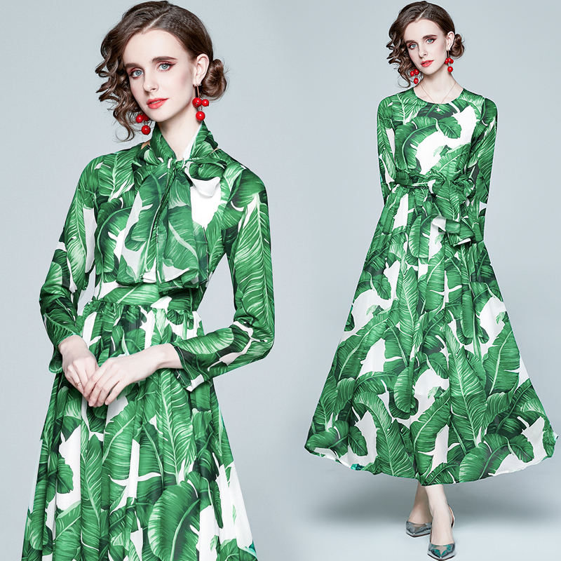 

Latest Runway Printed Green Maxi Dress 2021 Designer Long Sleeve Crew Neck Autumn Winter Ladies Slim Pleated Ribbon Bow Dresses Office Holiday Prom Women Clothes, 03
