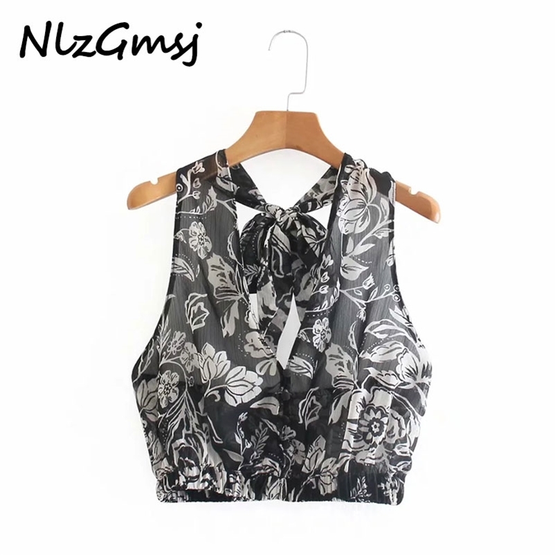 

Women Blouse Knotted Black Print Crop Top Female Vintage Wide Straps Eastic Hem Sleeveless Woman Summer 04 210628, As picture