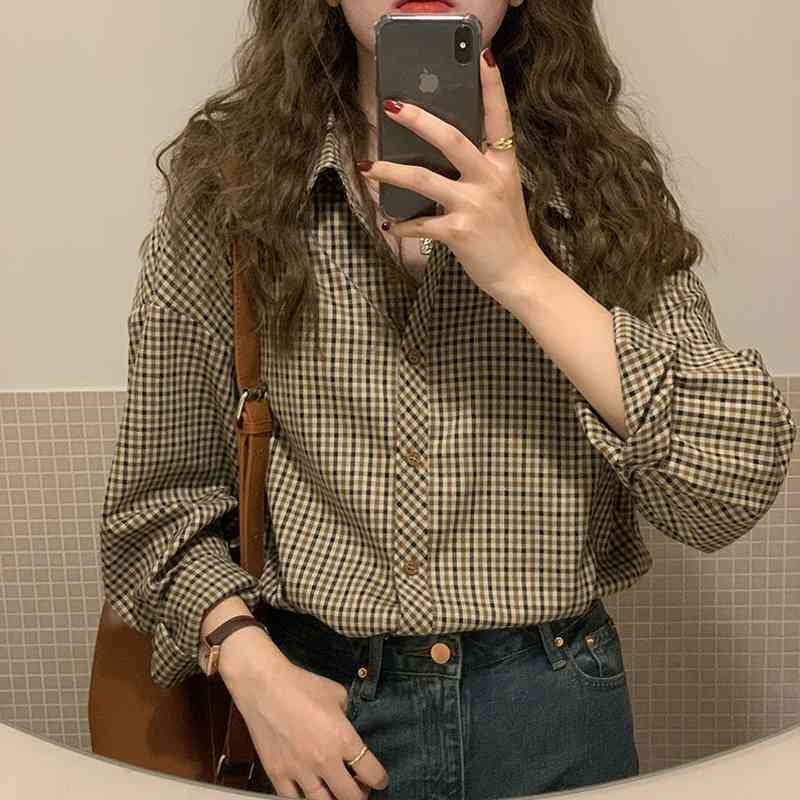 

Spring Office Lady Long Sleeve Women Blouse Tunic Shirt Turn Down Collar Plaid Work Ladies Shirts Button Loose Female Tops 210521, Sku