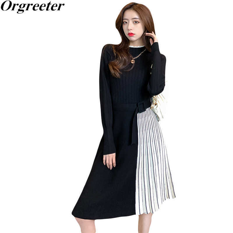 

Korea Chic Elegant Temperament Stand-up collar Hit color Knit Dress Women Striped Stitching Pleated Knee-length Female 210525, Black