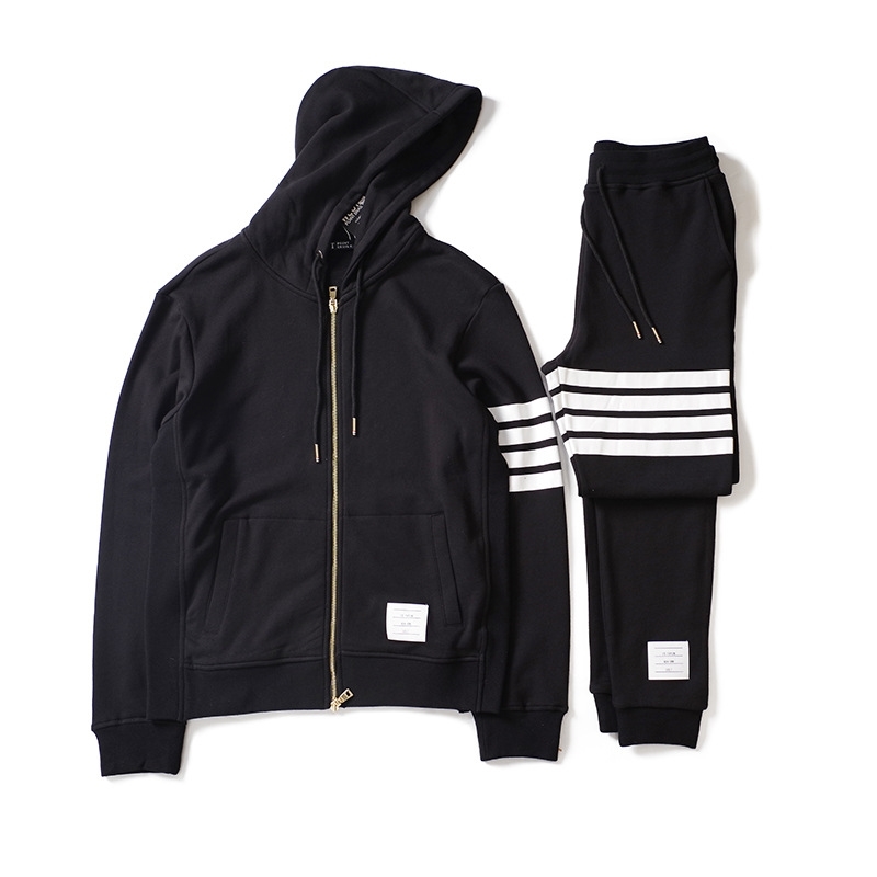 

New autumn and winter fashion TB same print stripe hooded cardigan set pure cotton sweater couple coat pants, Black