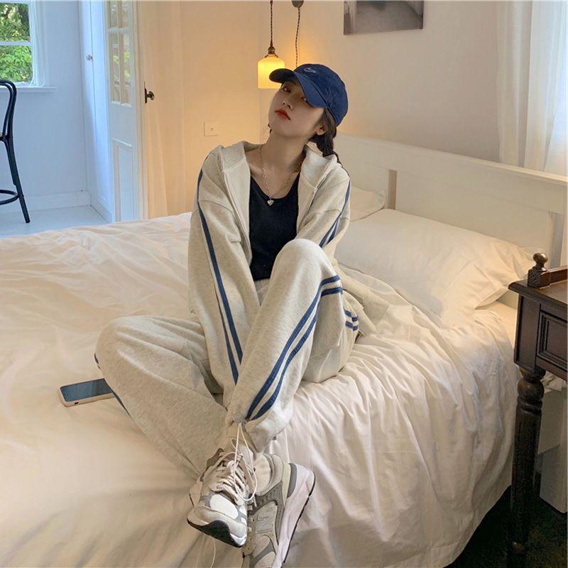 

Gym Clothing Sports Grey Suit For Women 2021 Autumn Winter Jacket Student Korean Loose Thin Hooded Coat Casual Two-piece Running Clothes, White;black