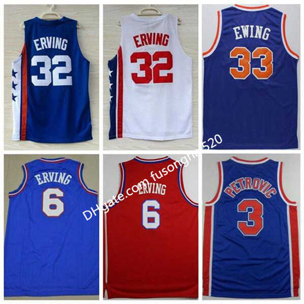 

1992 Good Quality Sportwear embroidery #33 Patrick Ewing 6 Dr J Julius Erving Jerseys White Blue #3 Drazen Petrovic Sports Basketball Shirts