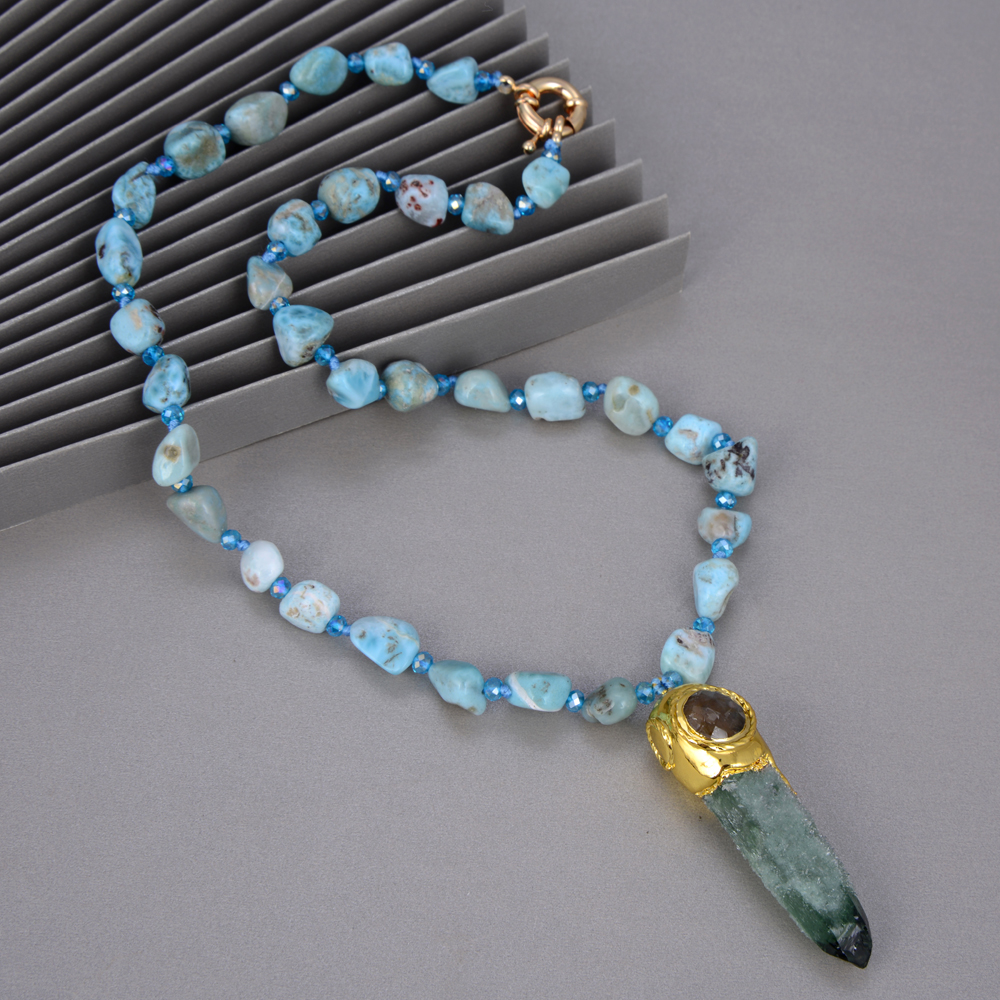 

GuaiGuai Jewelry Natural Blue Larimars Nugget Necklace Rough Green Flourites Labradorites Pendant Handmade For Women Real Gems Stone Lady Fashion Jewellery