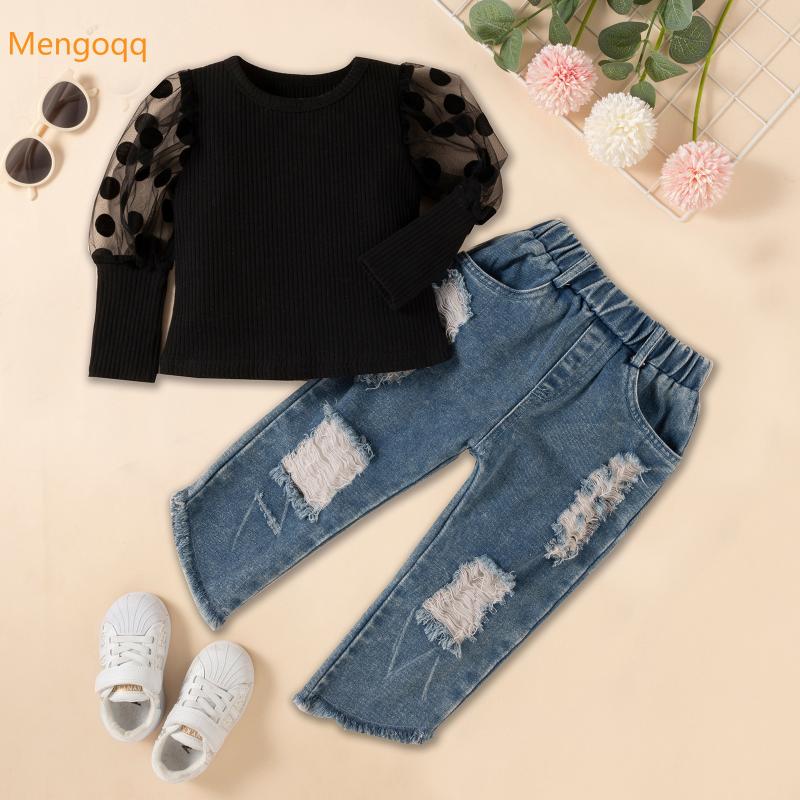 

Clothing Sets Kids Baby Girls Autumn Full Sleeve Dot Patchwork Top Shirts Denim Trousers Children Fasion Clothes Set 2pcs 1-6Y, White