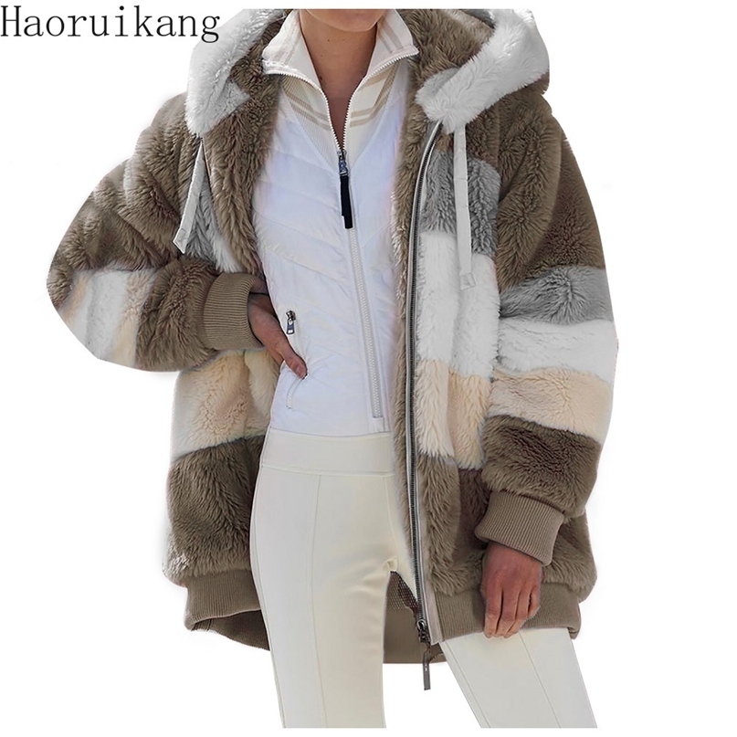 

Winter Warm Teddy Coat Outerwear Ladies Hooded Plush Jacket Women Thick Fluffy Hairy Fake Fur Clothes Plus Size Zipper Overcoat 211018, Purple