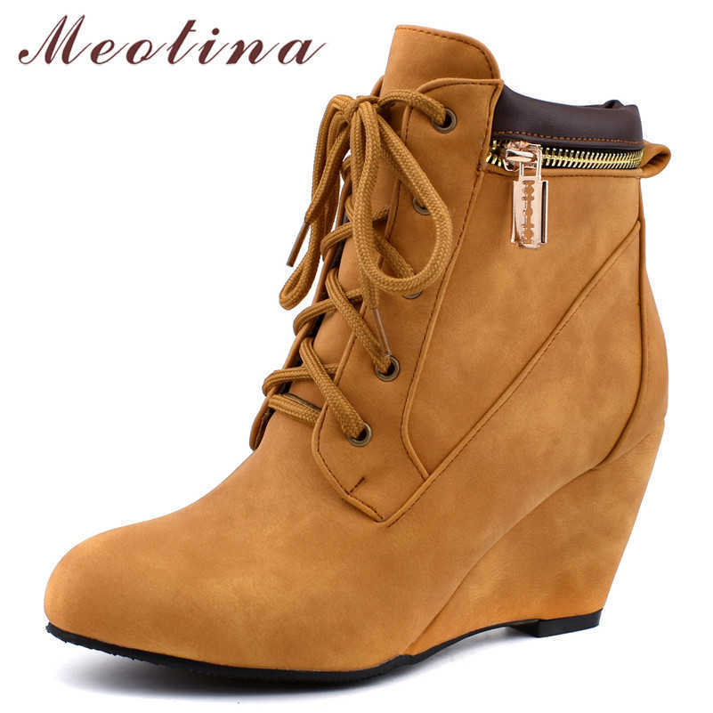 

Meotina Winter Ankle Boots Women Zipper Wedge High Heels Short Boots Lace Up Round Toe Shoes Female Autumn Large Size 34-46 210608, Black