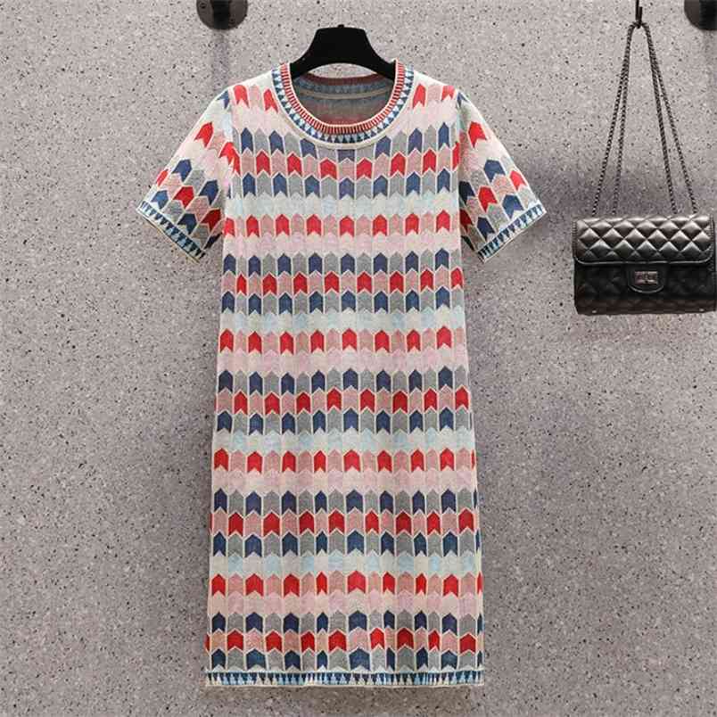 

Summer Women Geometric Print Knitted Dress Korean Elegant O-Neck Short Sleeve Casual Mini 210519, Photo color