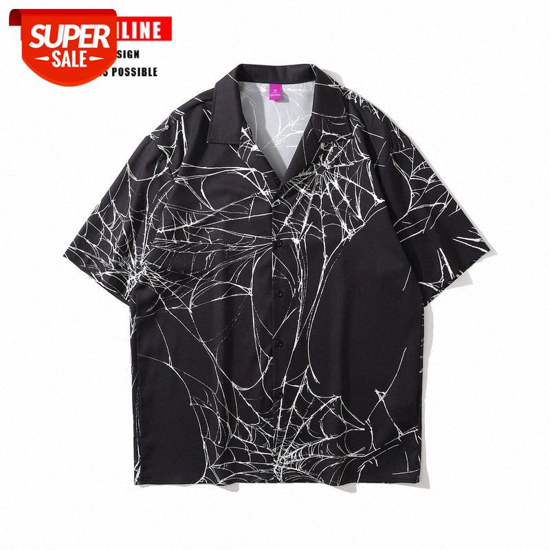

TKPA Retro Lapel Loose Casual Shirt Spider Web Printed Short Sleeve Men and Women #7W2r, White;black