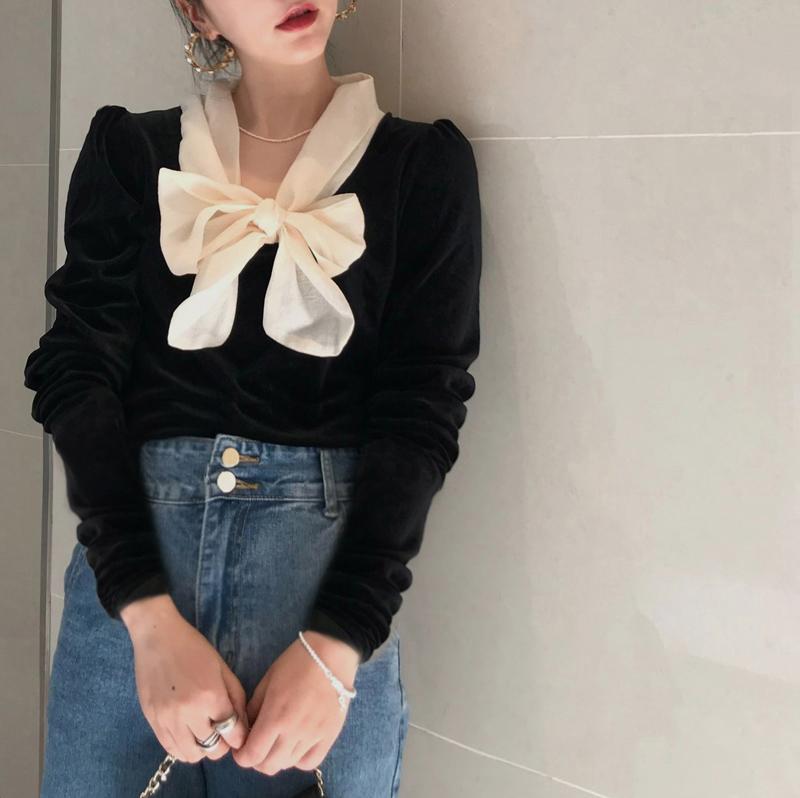 

Women's Blouses & Shirts Blusas Mujer De Moda Slim Vintage Wild French Long Sleeve Black Velvet Shirt Women Lace Up Bow Elegant Tops Fashion, White