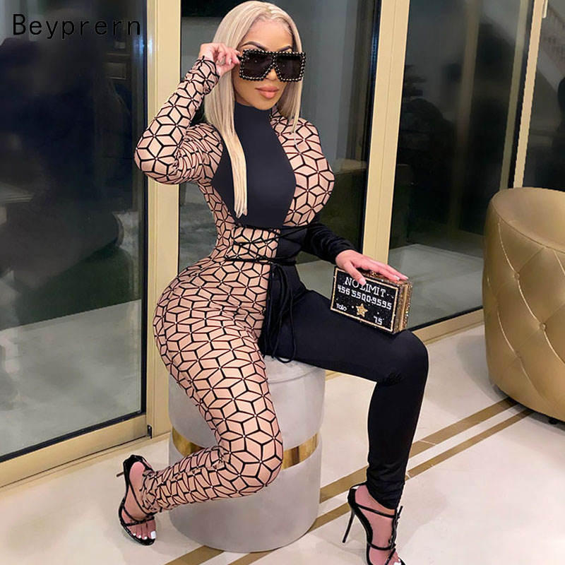 

Beyprern Beautiful Laced Rompers Womens Jumpsuit (Nude/Black) Turtleneck Long Pants Overalls Sexy Outfits Clubwear 2021 Fall, Multi