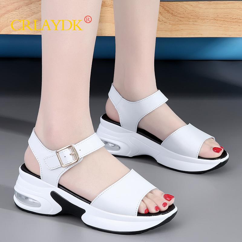 

Sandals CRLAYDK Women Open Toe Ankle Strap Platform Wedge Casual Leather Summer Shoes Air Cushion Walking Ladies Sandales Femmes, White 10328