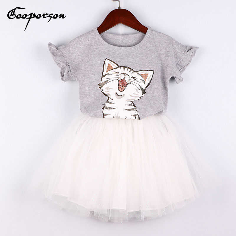 

Fashiong Kids Girls Clothes Set Cute Cat Printed Grey T Shirt And White Tutu Skirt Princess Clothing Suit For Baby Girl Summer 210715