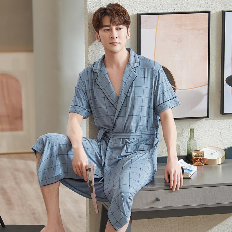 

Men's Sleepwear Plus Size 3XL Men Plaid Kimono Sexy Turn-Down Collar Knee-Length Bathrobe Gown Summer Modal Bath Loose Home Wear, Light blue