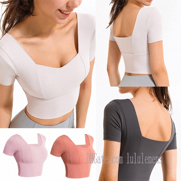 

lu yoga bra shirt tshirts t-shirt womens High-strength gathered sports underwear align lulu short-sleeved top Stitching bras with chestTQ4U#