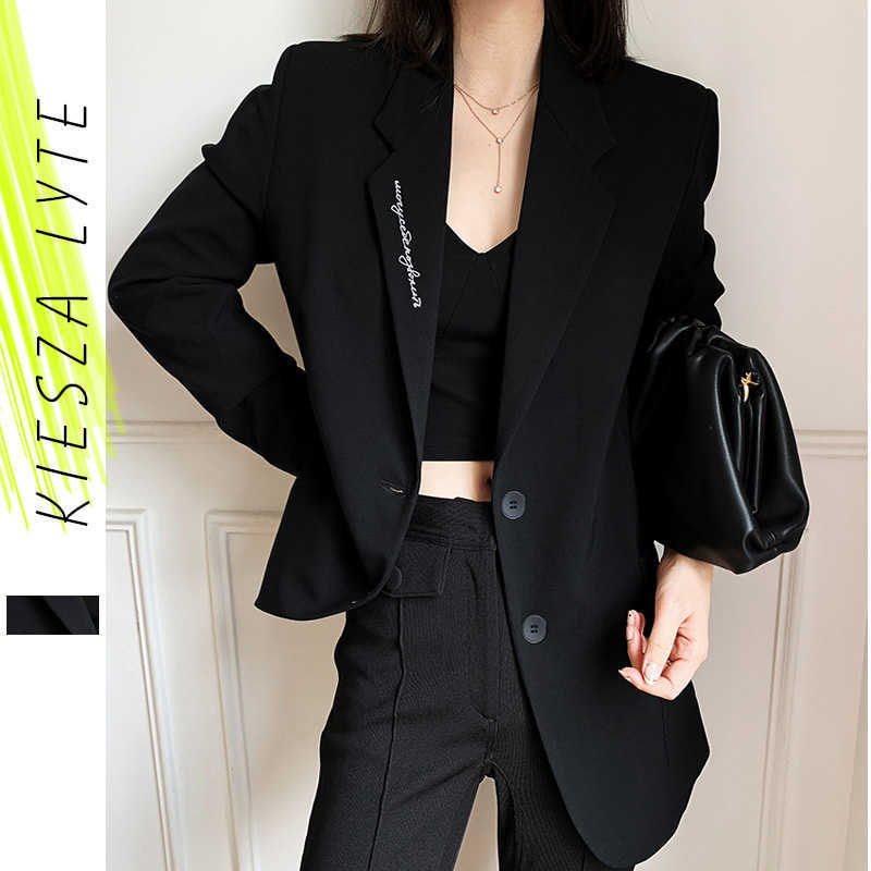 

Korean Style Black Suit Jacket Spring Autumn Elegant Slim Long Sleeve Office Lady Blazer Coat Fashion 210608