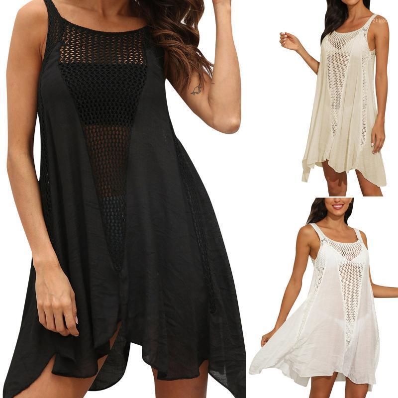 

Women's Swimwear Summer Beachwear Ladies Solid Color Hollow Out Stitching Irregular Big Swing Vest Beach Dress Bohemia Sling Dresses, White