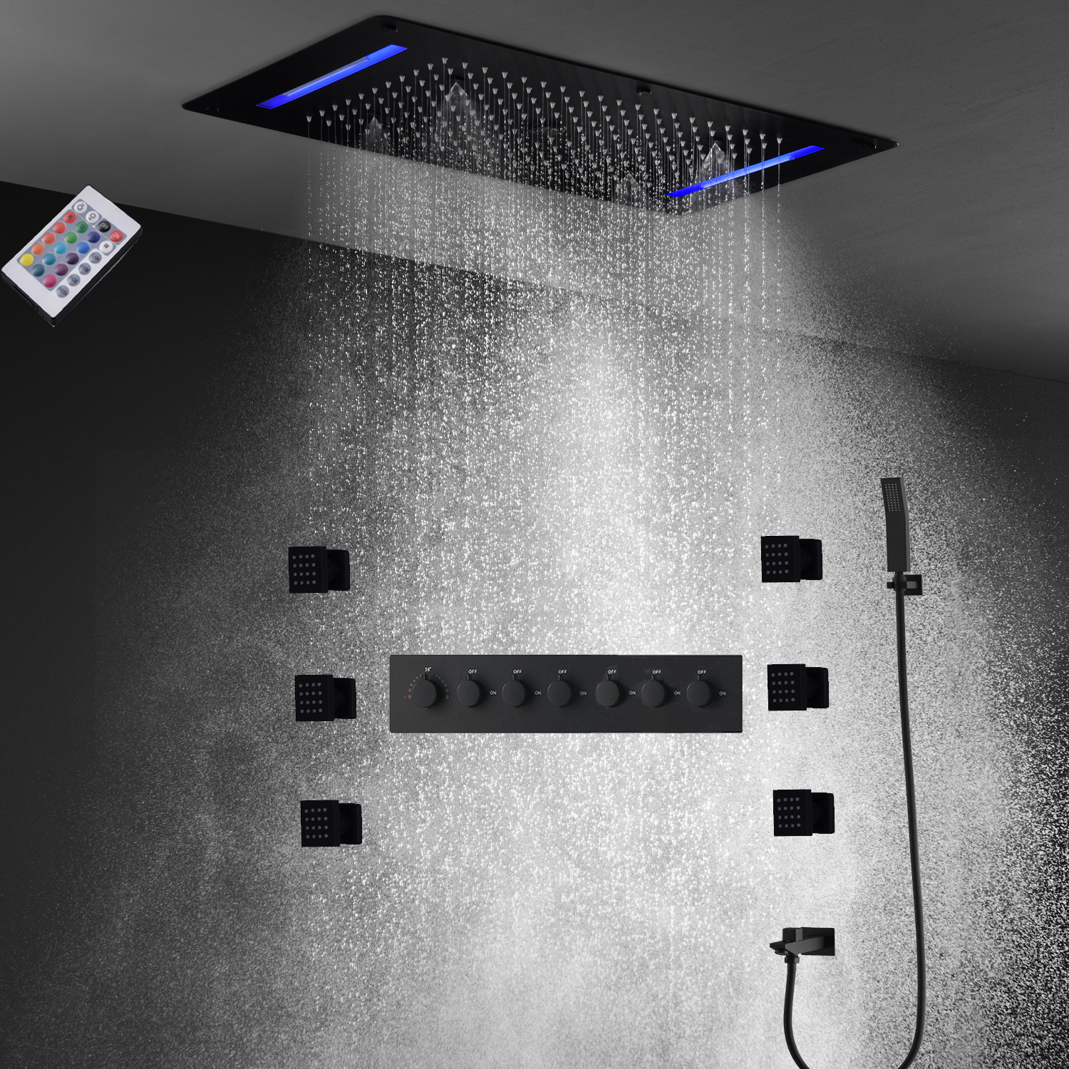 Bathroom LED Shower System Black Faucets Set Thermostatic Mixer Large 700*380MM Rainfall Showerhead Panel With Massage Body Jets-image-751470096