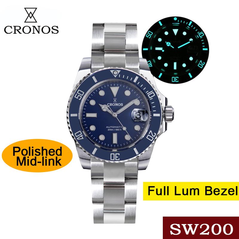 

Wristwatches Cronos Diver Luxury Men Watch Stainless Steel PT5000/SW200 Bracelet Ceramic Rotating Bezel 200 Meters Water Resistant, Green pt5000