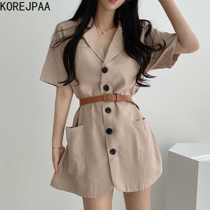 

Korejpaa Women Dress Summer French Temperament Suit Collar Large Pocket Design Loose Single-Breasted Short-Sleeved Vestidos 210526, Khaki