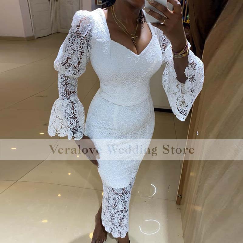 

White Lace Mermaid Short Prom Dress 2021 Long Sleeves Ankle Length Women Arabic Evening Dresses Robes De Soiree Longue, Gray